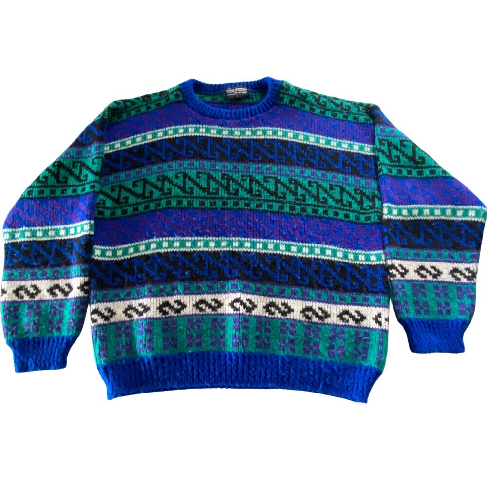 Vintage Multicolor Pattern Wool Blend Sweater, size XL, Ski Resort, Cabincore